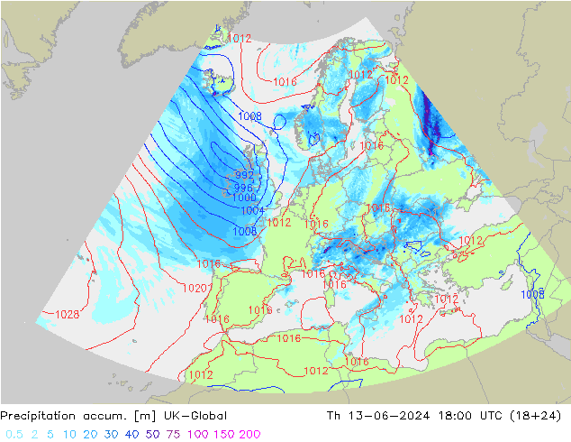 Precipitation accum. UK-Global Th 13.06.2024 18 UTC