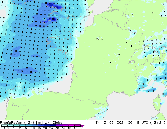 Precipitation (12h) UK-Global Th 13.06.2024 18 UTC