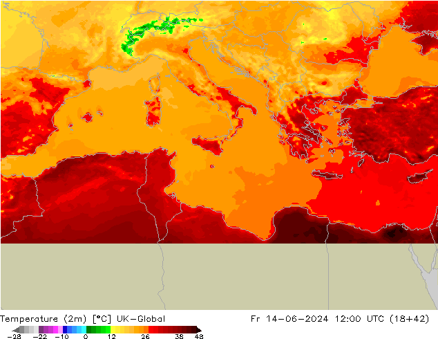 température (2m) UK-Global ven 14.06.2024 12 UTC