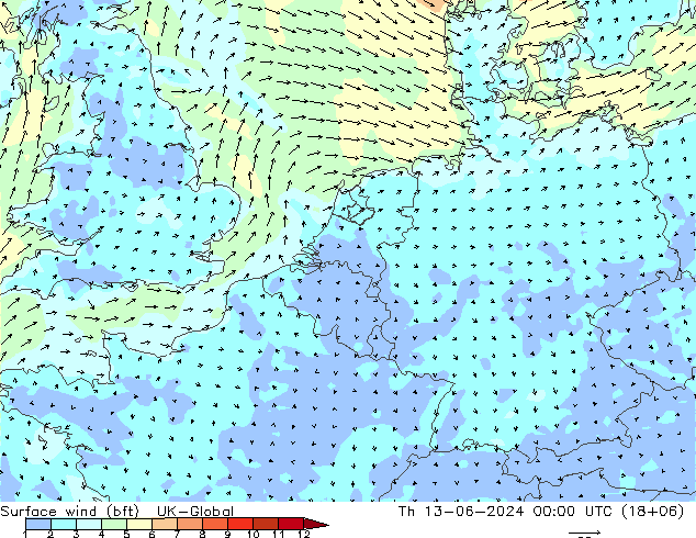 Surface wind (bft) UK-Global Čt 13.06.2024 00 UTC