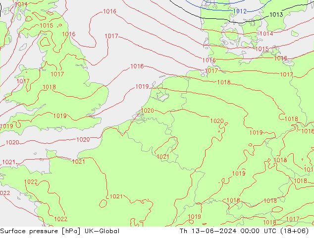 Pressione al suolo UK-Global gio 13.06.2024 00 UTC