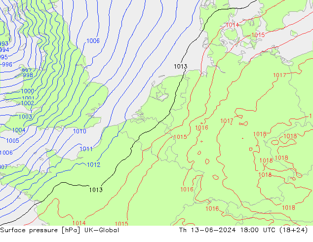 Atmosférický tlak UK-Global Čt 13.06.2024 18 UTC