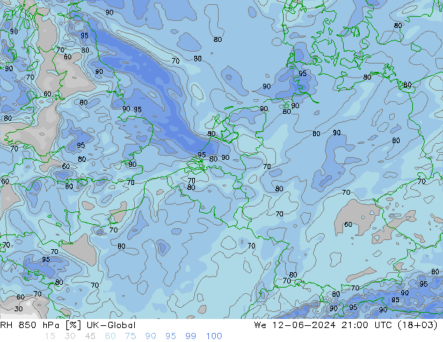 RH 850 hPa UK-Global 星期三 12.06.2024 21 UTC