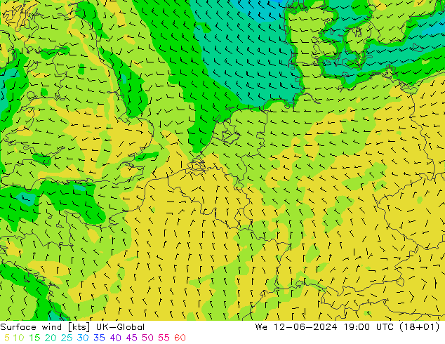 wiatr 10 m UK-Global śro. 12.06.2024 19 UTC