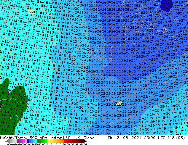 Yükseklik/Sıc. 500 hPa UK-Global Per 13.06.2024 00 UTC