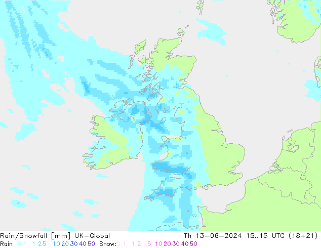 Rain/Snowfall UK-Global gio 13.06.2024 15 UTC