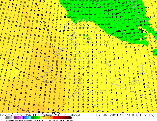 Height/Temp. 850 hPa UK-Global Th 13.06.2024 09 UTC