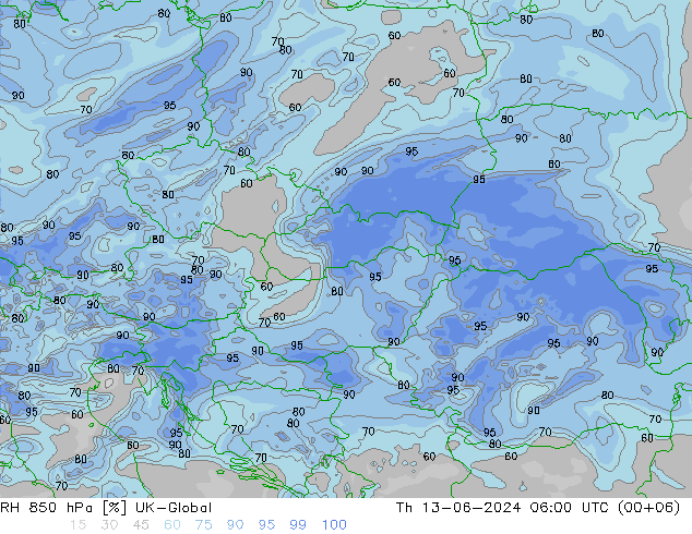 RH 850 hPa UK-Global Qui 13.06.2024 06 UTC