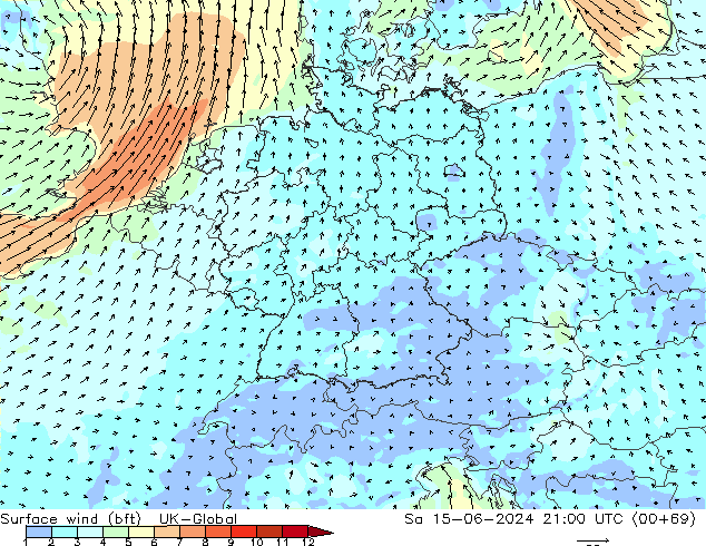 Vento 10 m (bft) UK-Global sab 15.06.2024 21 UTC