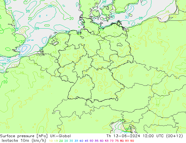 Isotachs (kph) UK-Global Qui 13.06.2024 12 UTC