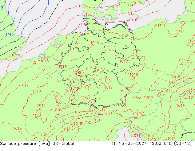 Presión superficial UK-Global jue 13.06.2024 12 UTC