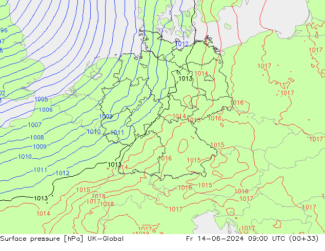 Atmosférický tlak UK-Global Pá 14.06.2024 09 UTC