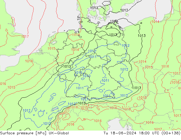 Surface pressure UK-Global Tu 18.06.2024 18 UTC