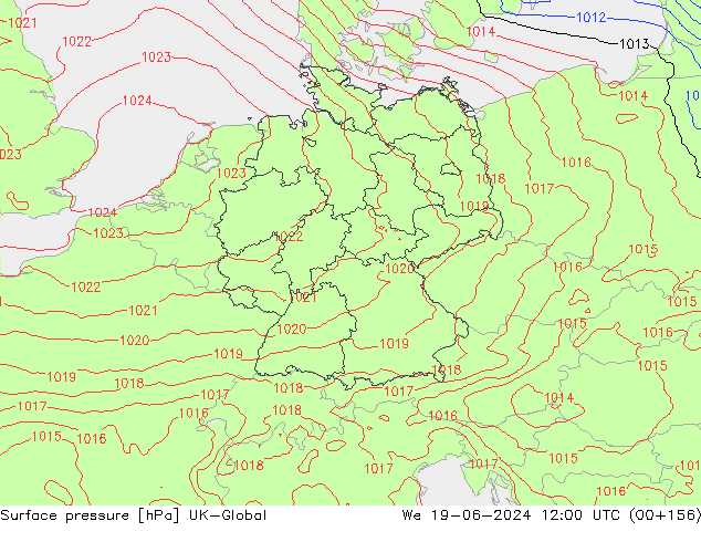 Luchtdruk (Grond) UK-Global wo 19.06.2024 12 UTC