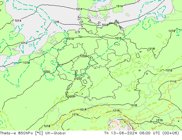 Theta-e 850гПа UK-Global чт 13.06.2024 06 UTC