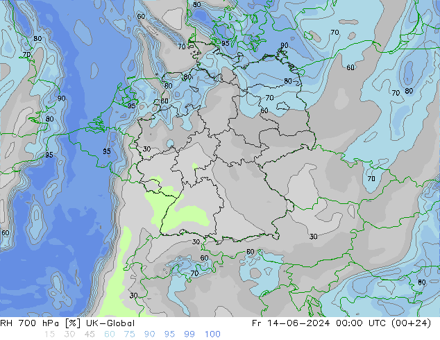 Humedad rel. 700hPa UK-Global vie 14.06.2024 00 UTC