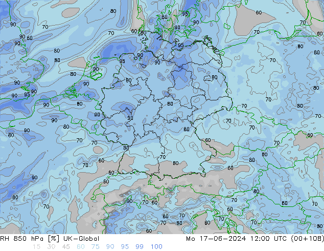 Humedad rel. 850hPa UK-Global lun 17.06.2024 12 UTC