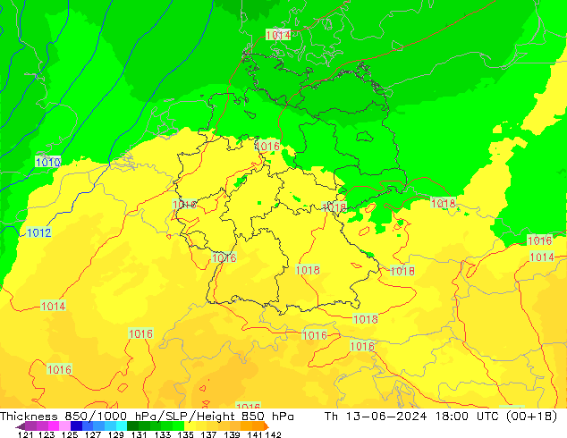 Thck 850-1000 гПа UK-Global чт 13.06.2024 18 UTC