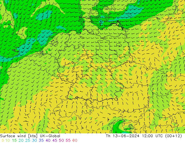 Surface wind UK-Global Th 13.06.2024 12 UTC