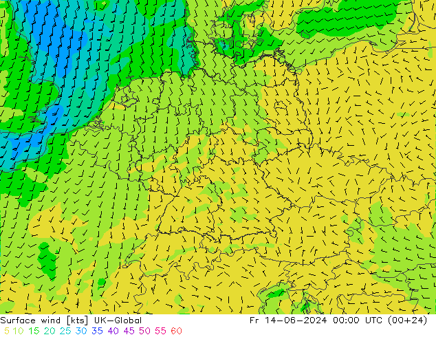 Surface wind UK-Global Fr 14.06.2024 00 UTC