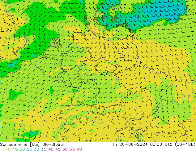 Viento 10 m UK-Global jue 20.06.2024 00 UTC