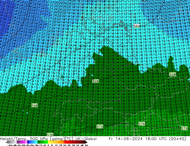 Height/Temp. 500 hPa UK-Global Fr 14.06.2024 18 UTC