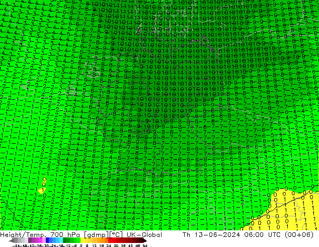 Height/Temp. 700 hPa UK-Global gio 13.06.2024 06 UTC