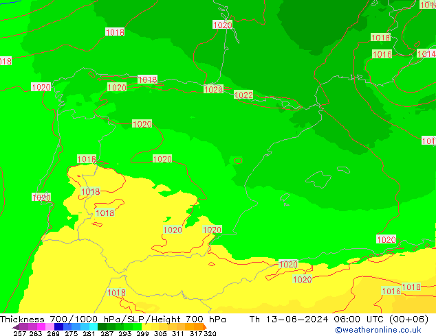 Espesor 700-1000 hPa UK-Global jue 13.06.2024 06 UTC