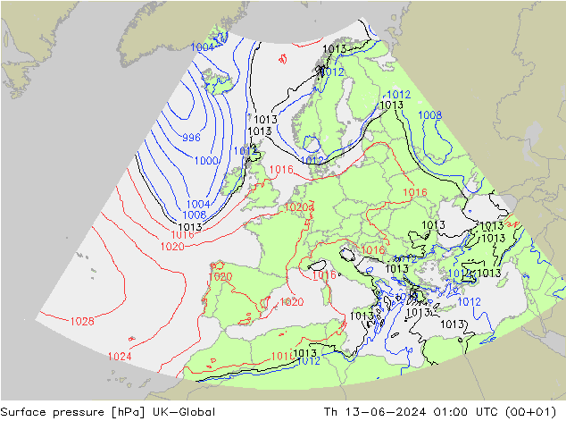 Pressione al suolo UK-Global gio 13.06.2024 01 UTC