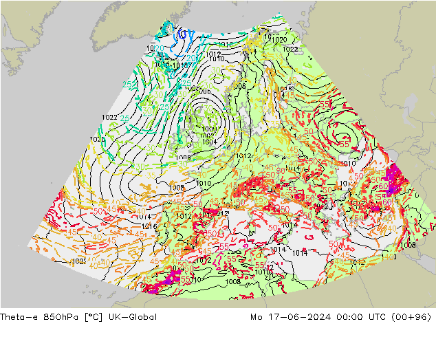 Theta-e 850hPa UK-Global Po 17.06.2024 00 UTC
