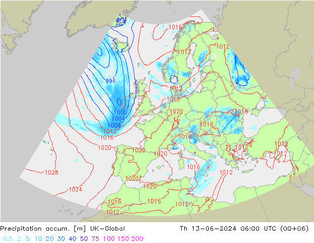 Precipitation accum. UK-Global чт 13.06.2024 06 UTC