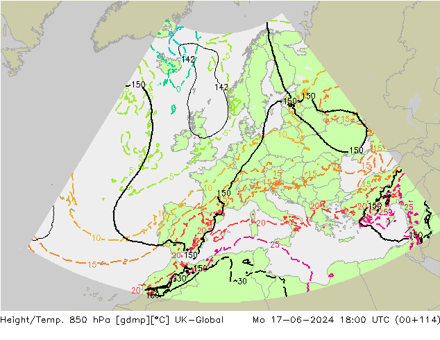 Geop./Temp. 850 hPa UK-Global lun 17.06.2024 18 UTC