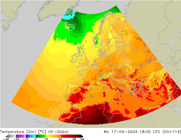 Temperatura (2m) UK-Global lun 17.06.2024 18 UTC