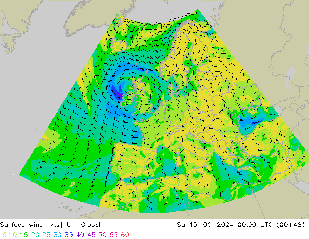 Wind 10 m UK-Global za 15.06.2024 00 UTC