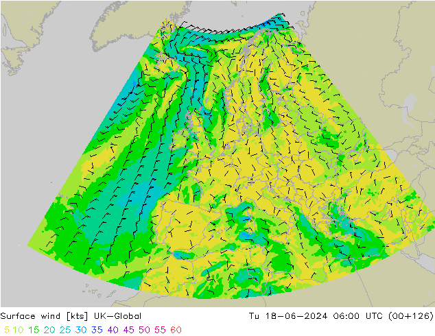 Surface wind UK-Global Tu 18.06.2024 06 UTC