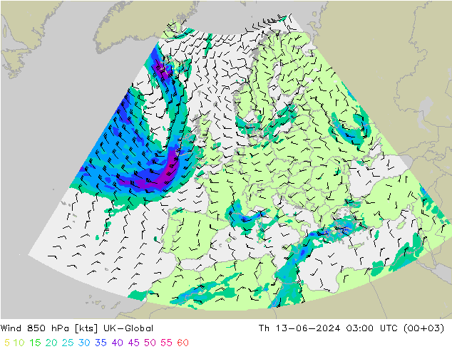 风 850 hPa UK-Global 星期四 13.06.2024 03 UTC