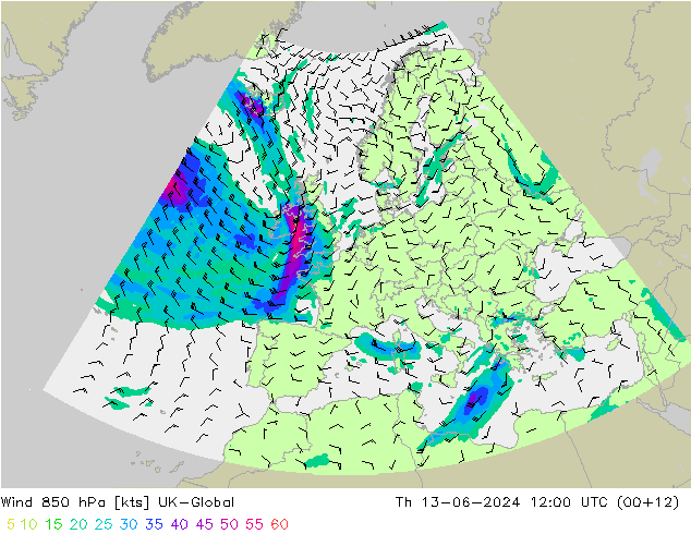wiatr 850 hPa UK-Global czw. 13.06.2024 12 UTC