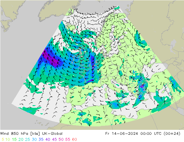 风 850 hPa UK-Global 星期五 14.06.2024 00 UTC