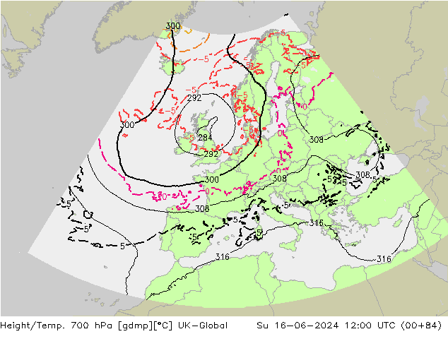 Height/Temp. 700 hPa UK-Global So 16.06.2024 12 UTC