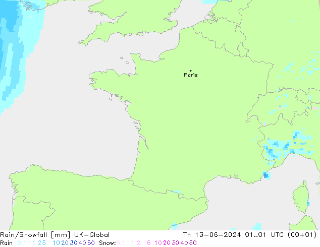 Rain/Snowfall UK-Global czw. 13.06.2024 01 UTC