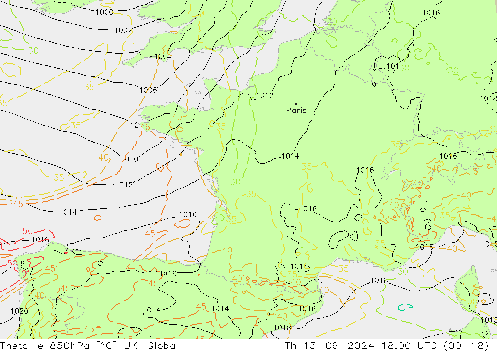 Theta-e 850hPa UK-Global Th 13.06.2024 18 UTC