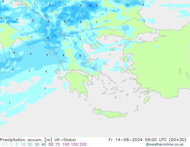 Precipitation accum. UK-Global Fr 14.06.2024 06 UTC
