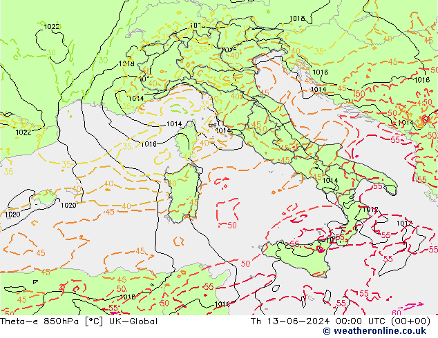 Theta-e 850hPa UK-Global Do 13.06.2024 00 UTC