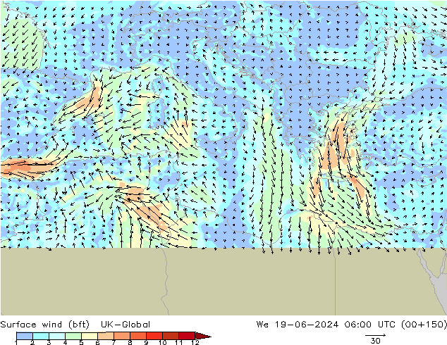 Surface wind (bft) UK-Global We 19.06.2024 06 UTC