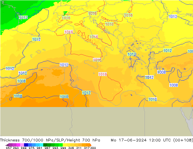 Thck 700-1000 hPa UK-Global  17.06.2024 12 UTC