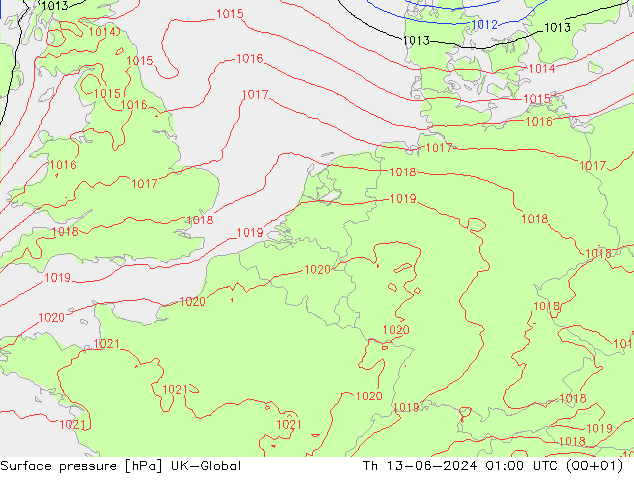 Presión superficial UK-Global jue 13.06.2024 01 UTC