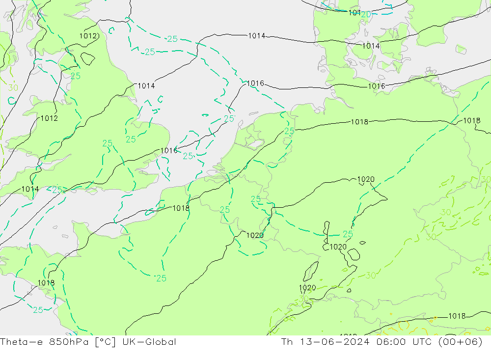 Theta-e 850hPa UK-Global jeu 13.06.2024 06 UTC