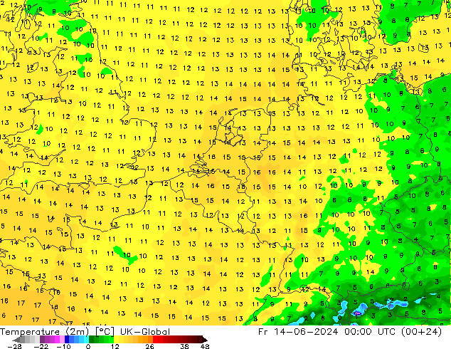 Temperature (2m) UK-Global Pá 14.06.2024 00 UTC