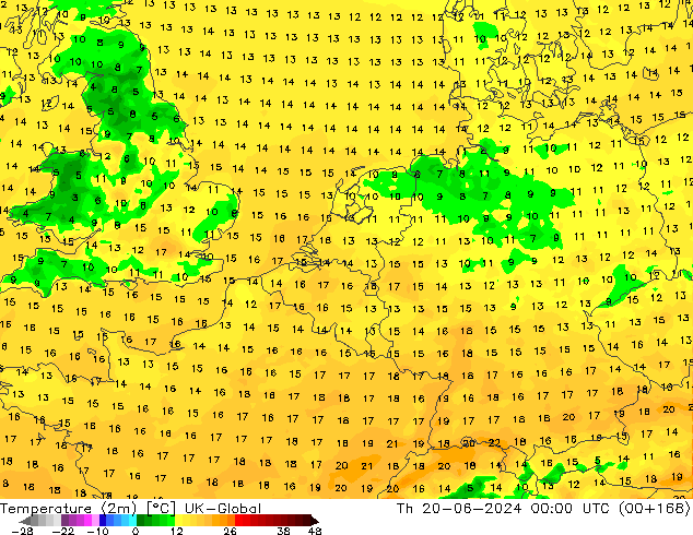 Temperatura (2m) UK-Global jue 20.06.2024 00 UTC