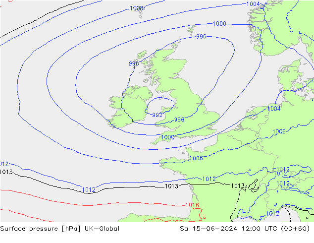 Atmosférický tlak UK-Global So 15.06.2024 12 UTC